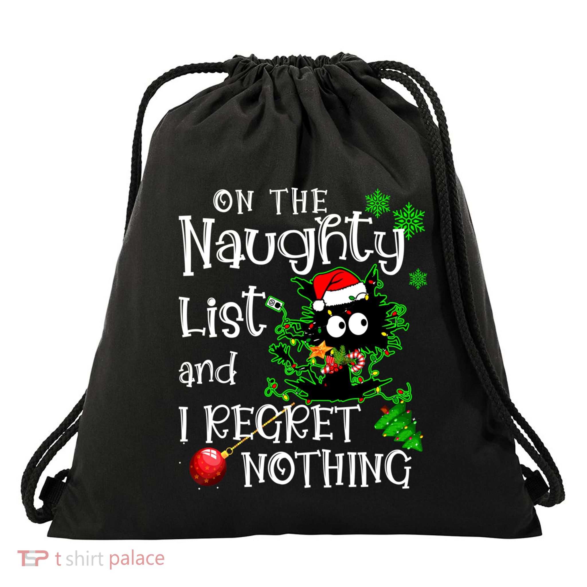 On The Naughty List And I Regret Nothing Xmas Cat Lights Gift Drawstring Bag