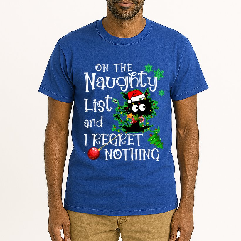 On The Naughty List And I Regret Nothing Xmas Cat Lights Gift Tall T-Shirt