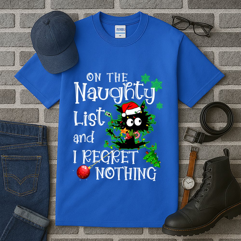 On The Naughty List And I Regret Nothing Xmas Cat Lights Gift Tall T-Shirt