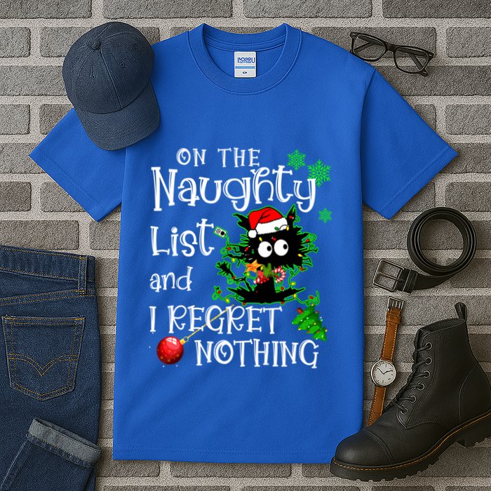On The Naughty List And I Regret Nothing Xmas Cat Lights Gift Tall T-Shirt