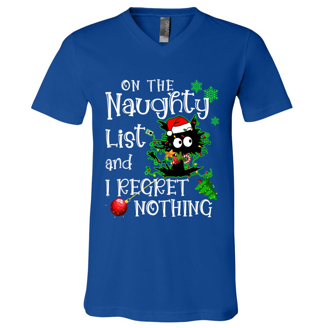 On The Naughty List And I Regret Nothing Xmas Cat Lights Gift V-Neck T-Shirt