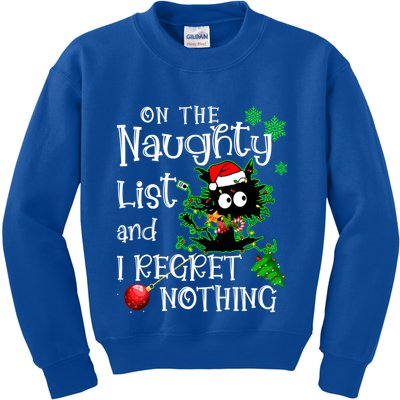 On The Naughty List And I Regret Nothing Xmas Cat Lights Gift Kids Sweatshirt