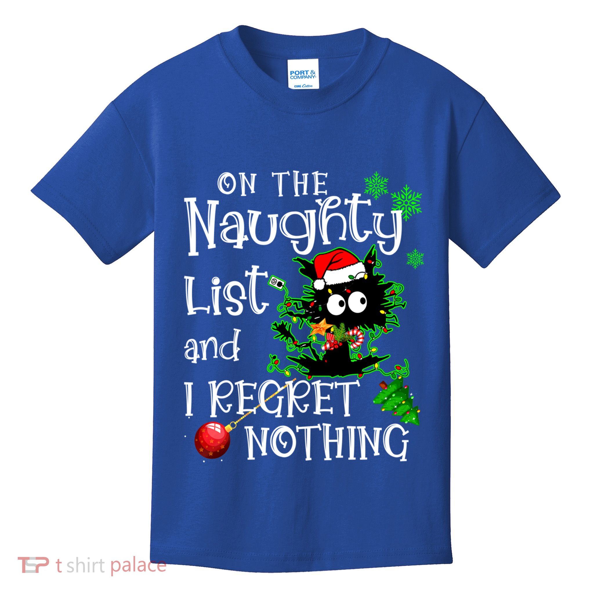 On The Naughty List And I Regret Nothing Xmas Cat Lights Gift Kids T-Shirt