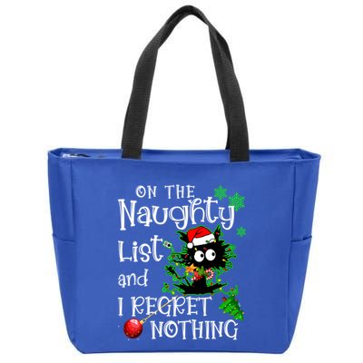 On The Naughty List And I Regret Nothing Xmas Cat Lights Gift Zip Tote Bag