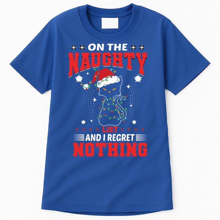 On The Naughty List And Regret Nothing Lighted Cat Christmas Cool Gift Tall T-Shirt