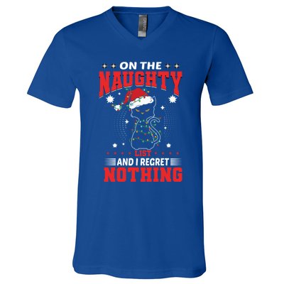 On The Naughty List And Regret Nothing Lighted Cat Christmas Cool Gift V-Neck T-Shirt