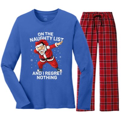 On The Naughty List And I Regret Nothing Dabbing Santa Xmas Cute Gift Women's Long Sleeve Flannel Pajama Set 