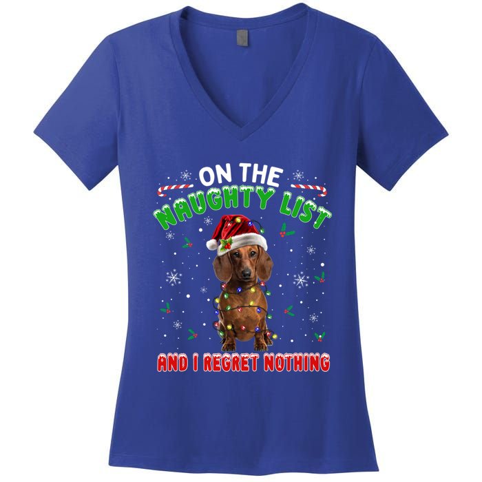 On The Naughty List And I Regret Nothing Dachshund Christmas Gift Women's V-Neck T-Shirt