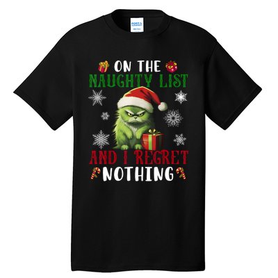 On The Naughty List And I Regret Nothing Cat Christmas Lover Tall T-Shirt