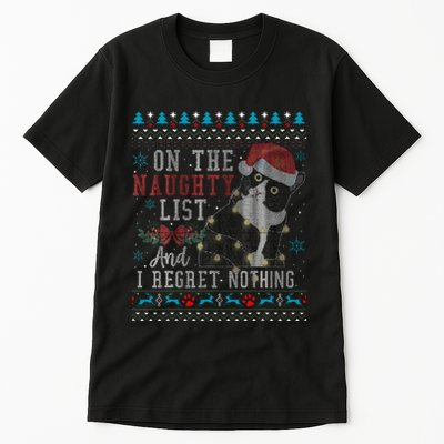 On The Naughty List And I Regret Nothing Cat Christmas Gift Tall T-Shirt