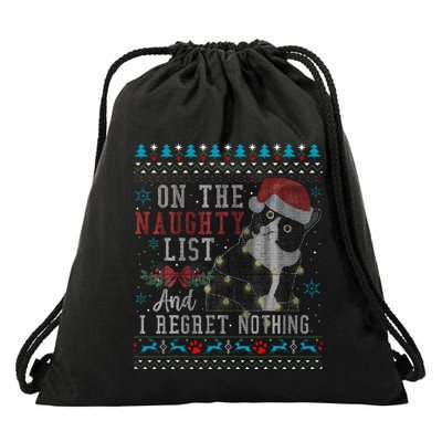 On The Naughty List And I Regret Nothing Cat Christmas Gift Drawstring Bag