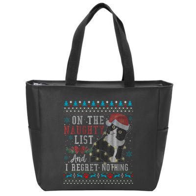 On The Naughty List And I Regret Nothing Cat Christmas Gift Zip Tote Bag