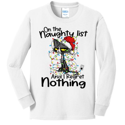 On The Naughty List I Regret Nothing Funny Cat Xmas Lights Kids Long Sleeve Shirt