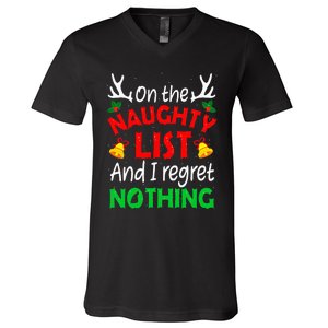 On The Naughty List And I Regret Nothing Funny Xmas V-Neck T-Shirt