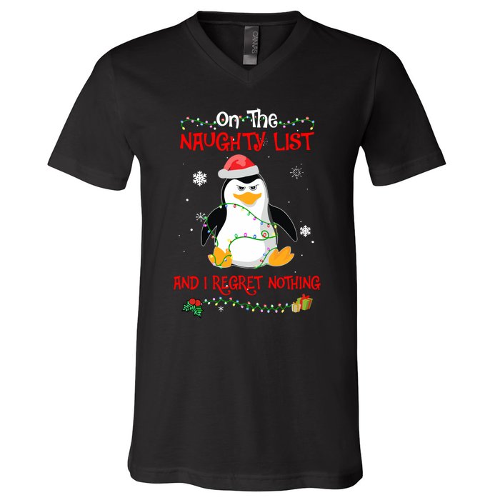 On The Naughty List And I Regret Nothing Penguin Christmas V-Neck T-Shirt