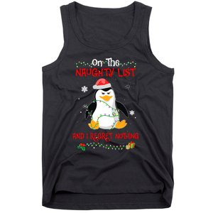 On The Naughty List And I Regret Nothing Penguin Christmas Tank Top