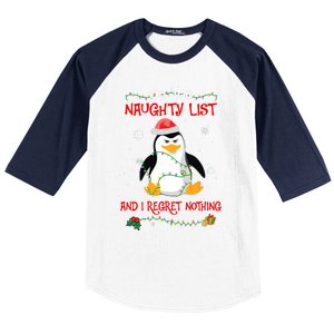 On The Naughty List And I Regret Nothing Penguin Christmas Baseball Sleeve Shirt