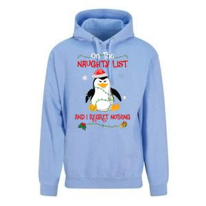 On The Naughty List And I Regret Nothing Penguin Christmas Unisex Surf Hoodie