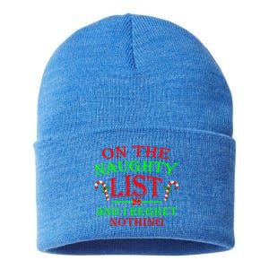 On The Naughty List And I Regret Nothing Funny Xmas Cool Gift Sustainable Knit Beanie