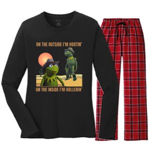 On The Outside IM Hootin’ On The Inside IM Hollerin’ Women's Long Sleeve Flannel Pajama Set 