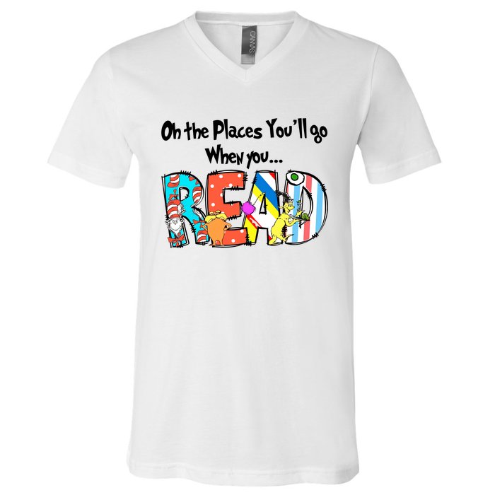 Oh The Places You'll Go When You Read National Read Across America V-Neck T-Shirt