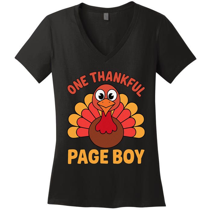 One Thankful Page Boy Turkey Funny Fall Autumn Thanksgiving Women's V-Neck T-Shirt