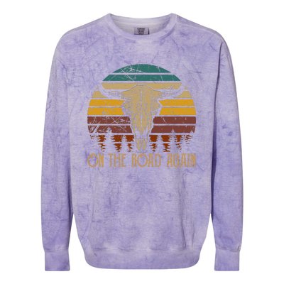 On The Road Again Outlaws Music Bull Skull Love Cowboy Boots Colorblast Crewneck Sweatshirt