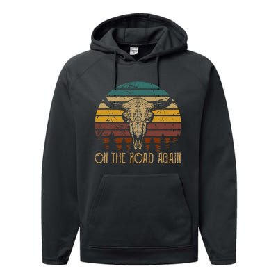 On The Road Again Outlaws Music Bull Skull Love Cowboy Boots Performance Fleece Hoodie