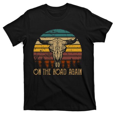 On The Road Again Outlaws Music Bull Skull Love Cowboy Boots T-Shirt