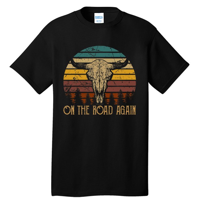 On The Road Again Outlaws Music Bull Skull Love Cowboy Boots Tall T-Shirt