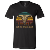 On The Road Again Outlaws Music Bull Skull Love Cowboy Boots V-Neck T-Shirt