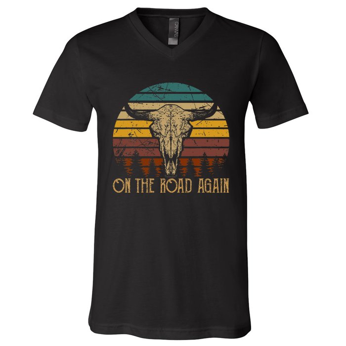 On The Road Again Outlaws Music Bull Skull Love Cowboy Boots V-Neck T-Shirt