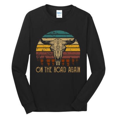 On The Road Again Outlaws Music Bull Skull Love Cowboy Boots Tall Long Sleeve T-Shirt