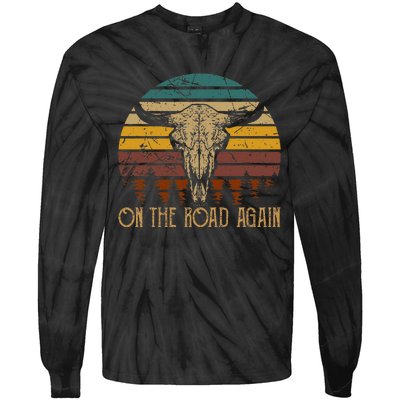 On The Road Again Outlaws Music Bull Skull Love Cowboy Boots Tie-Dye Long Sleeve Shirt