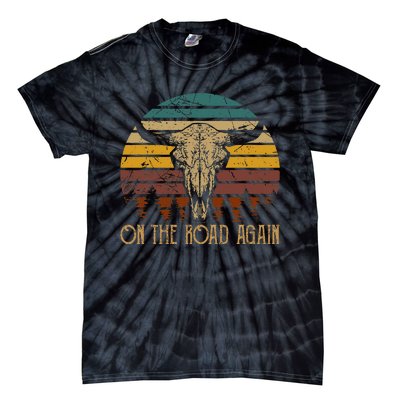 On The Road Again Outlaws Music Bull Skull Love Cowboy Boots Tie-Dye T-Shirt