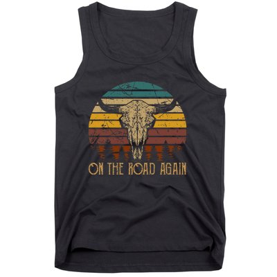 On The Road Again Outlaws Music Bull Skull Love Cowboy Boots Tank Top