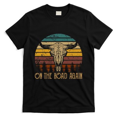 On The Road Again Outlaws Music Bull Skull Love Cowboy Boots T-Shirt