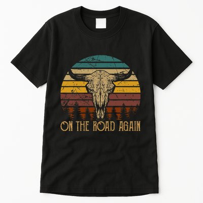 On The Road Again Outlaws Music Bull Skull Love Cowboy Boots Tall T-Shirt