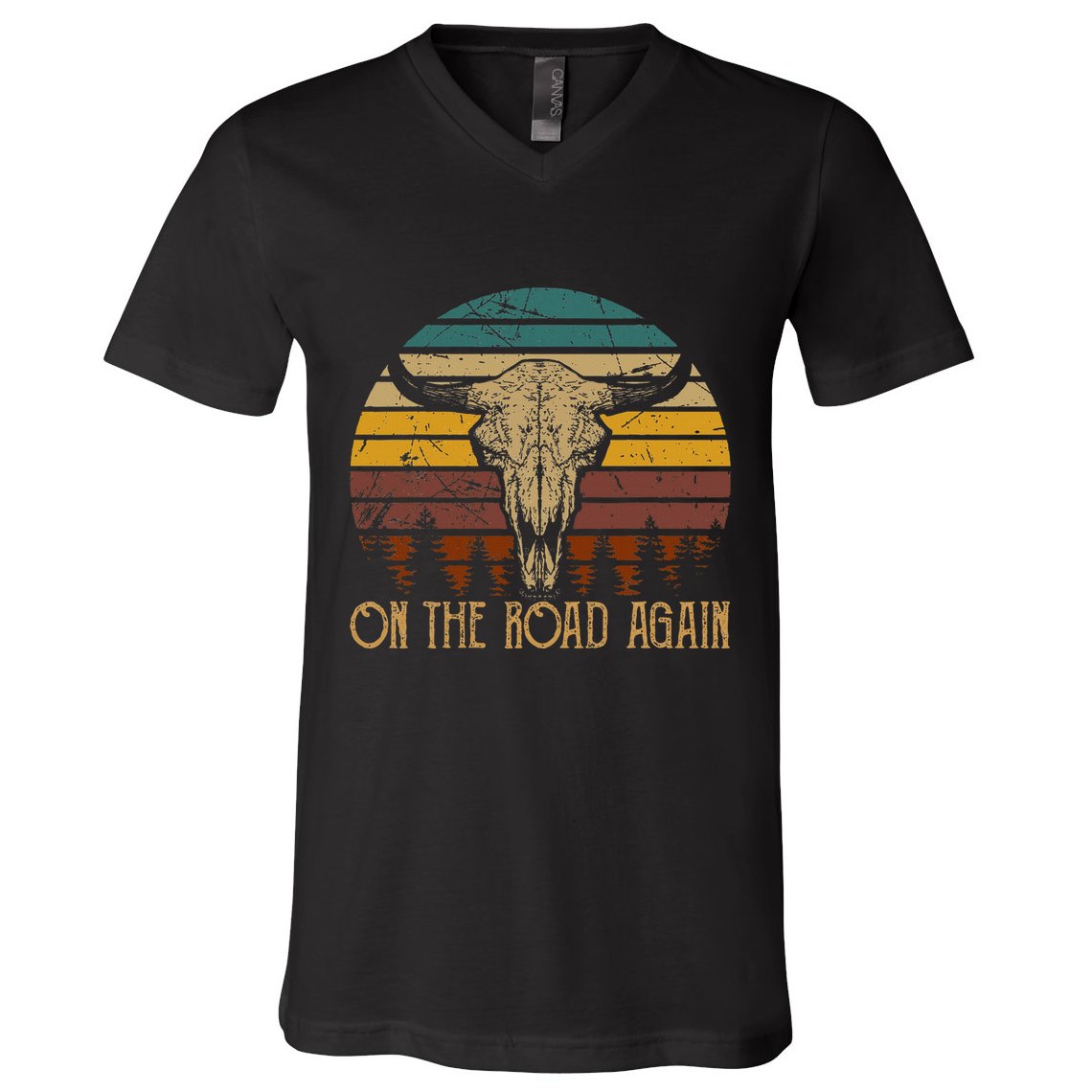 On The Road Again Outlaws Music Bull Skull Love Cowboy Boots V-Neck T-Shirt