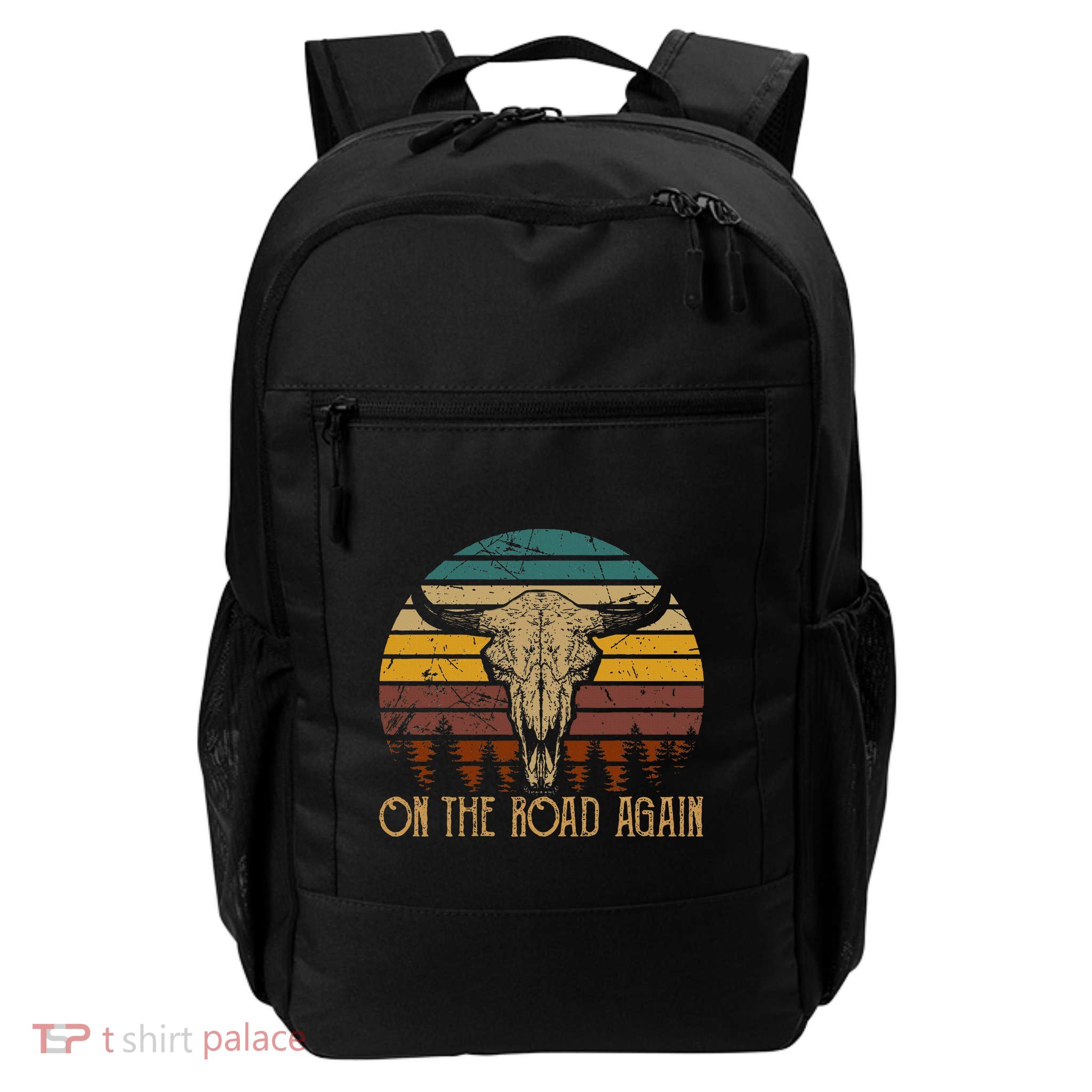 On The Road Again Outlaws Music Bull Skull Love Cowboy Boots Backpack