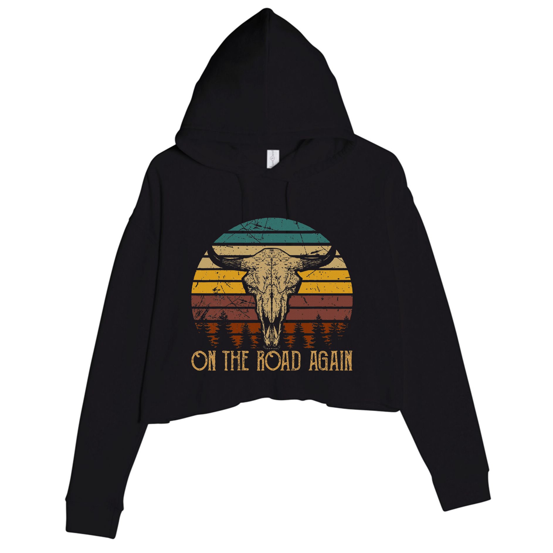 On The Road Again Outlaws Music Bull Skull Love Cowboy Boots Crop Fleece Hoodie