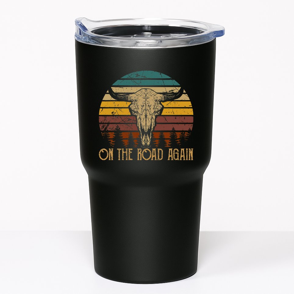 On The Road Again Outlaws Music Bull Skull Love Cowboy Boots Tumbler