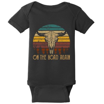 On The Road Again Outlaws Music Bull Skull Love Cowboy Boots Baby Bodysuit