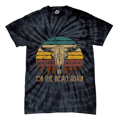 On The Road Again Outlaws Music Bull Skull Love Cowboy Boots Tie-Dye T-Shirt