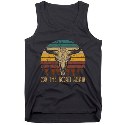 On The Road Again Outlaws Music Bull Skull Love Cowboy Boots Tank Top