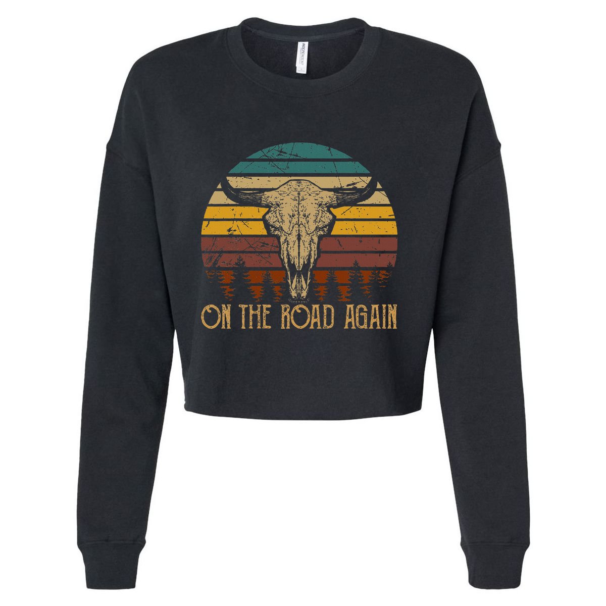 On The Road Again Outlaws Music Bull Skull Love Cowboy Boots Cropped Pullover Crew