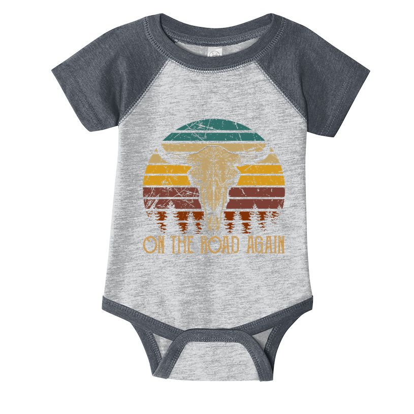 On The Road Again Outlaws Music Bull Skull Love Cowboy Boots Infant Baby Jersey Bodysuit