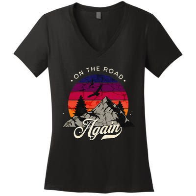 On The Road Again Vintage Wilderness Adventure Women's V-Neck T-Shirt