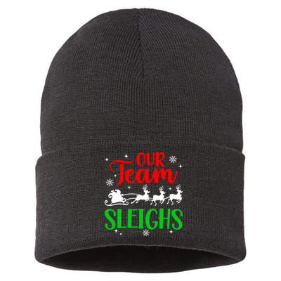 Our Team Sleighs Christmas Family Pajama Xmas Holiday Sustainable Knit Beanie