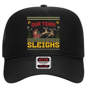 Our Team Sleighs Christmas Family Ugly Pajama Xmas Holiday High Crown Mesh Back Trucker Hat